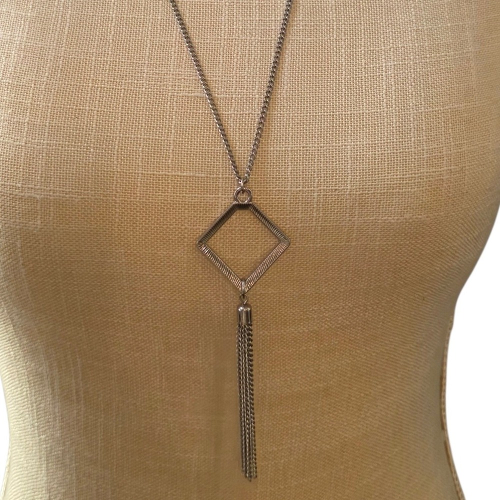Silver Tone Geometric Diamond Tassel Pendant Necklace Women